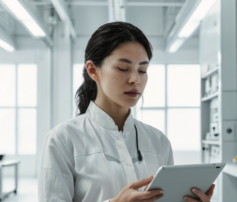 A photo of an asian woman operator using a tablet, she is checking inventory in her low code software