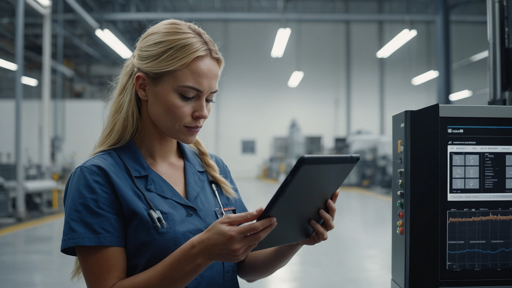 A photo of a nurse checking her tablet