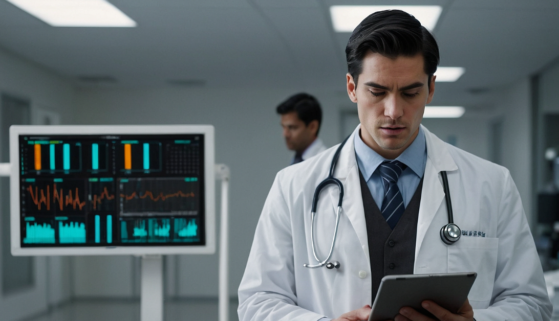 A photo of a doctor checking his low code application in his tablet